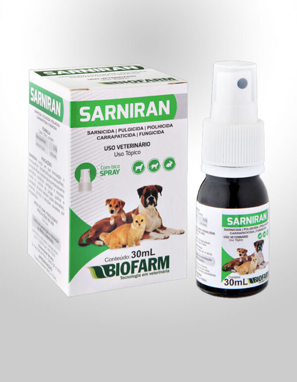 SARNICIDA, PULGICIDA, PIOLHICIDA, CARRAPATICIDA E FUNGICIDA SARNIRAN PARA CÃES E GATOS 30ML - BIOFARM