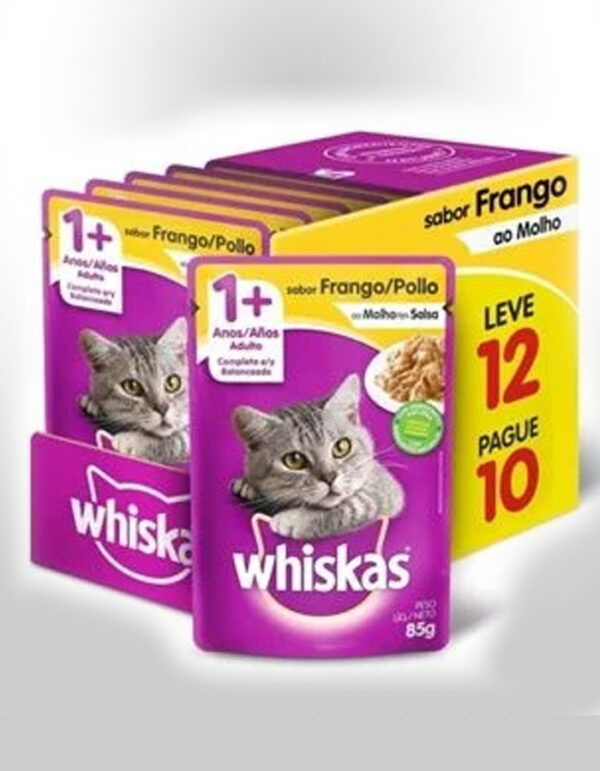 RAÇÃO ÚMIDA WHISKAS SACHÊ FRANGO AO MOLHO PARA GATOS ADULTOS 85G LEVE 12 PAGUE 10