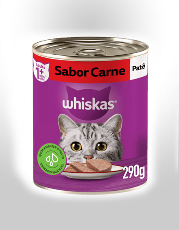 RAÇÃO ÚMIDA WHISKAS LATA PATÊ DE CARNE PARA GATOS ADULTOS 290G